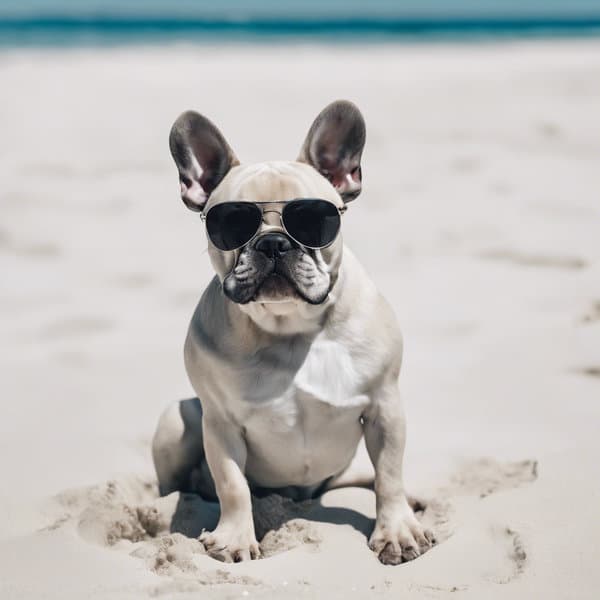 a French bulldog wearing sunglasses while sitting on a white sand beach.