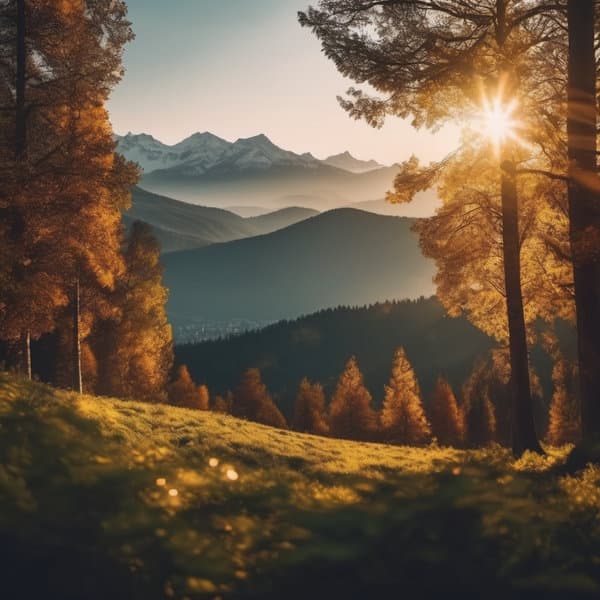 Mountain Sunset Landscape, digital art, warm colors.