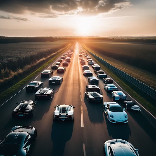 Create an image of a street full of supercars.