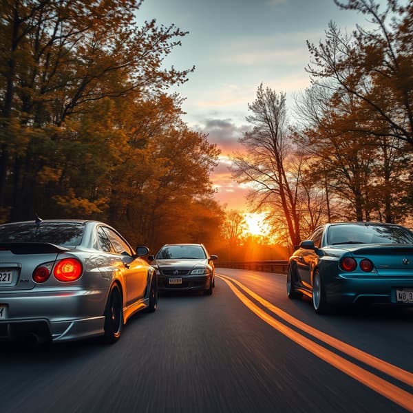 Modified cars drifting down windy roads and the trees leafs are turning yellow n the sunsets is perfect with pretty colors.