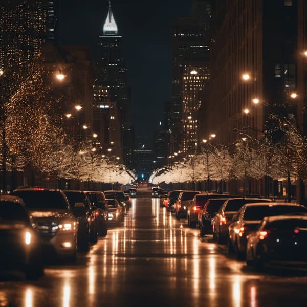 Image of night time Chicago city with Christmas lights Around the city with people in the background and with cars driving by.